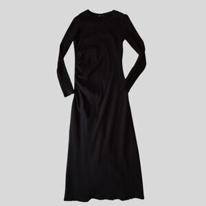 Zara Black Ribbed Midi Dress - Side Ruched Bodycon - Size M